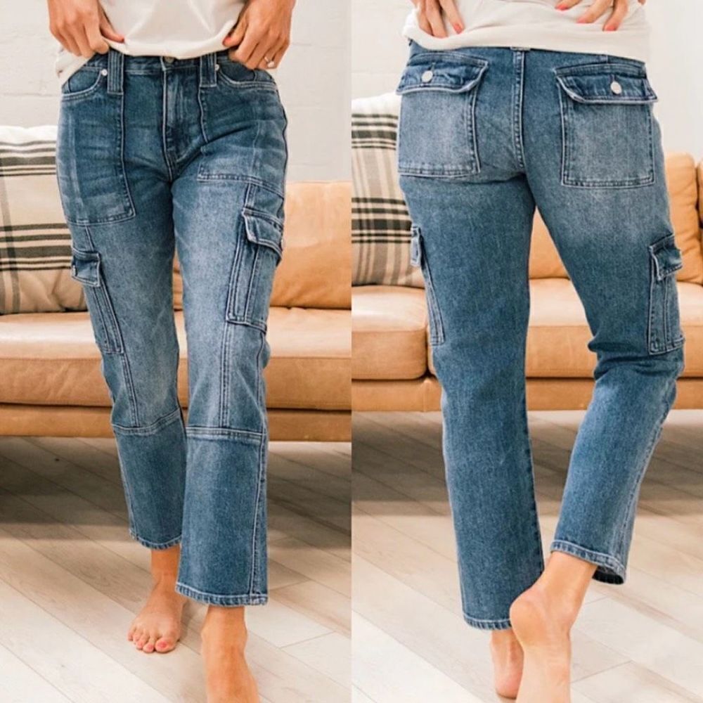 KanCan Avery Cargo Crop Utility Jeans Denim Acid Washed Blue Womens Size 13/30